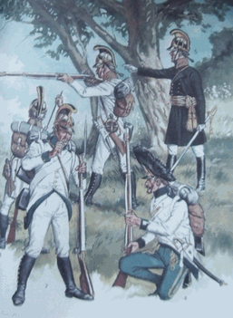 венгерский гренадер и австрийский отряд в касках бывших на вооружении до 1805 года, когда их заменили на дебильные кивера