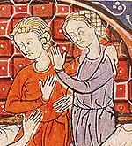 Сетка почти полностью скрывает волосы. Женщина изображена  у постели больного родственника. С миниатюры ок. 1300 г.