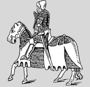 Лошадь в тяжелом поголовье и в кольчужной попоне, покрытой сверху кожаной накидкой. Статуэтка конца XIV в.