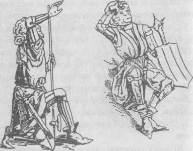 Тяжеловооруженные пехотинцы: слева — защищенный кожаными доспехами с железными налокотниками и наколенниками, справа — воин в кирасе и латных наручах и поножах (по картине