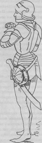 Пехотинец в латном полудоспехе, вооруженный тесаком с привешенным к нему кулачным щитом (по картине начала XVI в.)